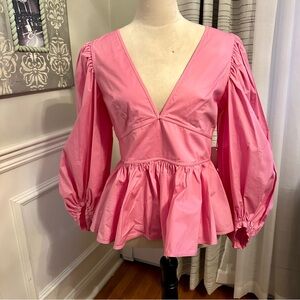 STAUD Pink Luna Peplum Puff Sleeve Top Sz 10 NWT